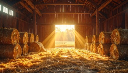 Sunlit Rustic Barn Interior with Scattered Hay and Bales