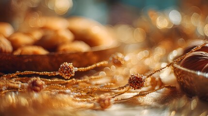 Golden Traditional Rakhi With Festive Indian Sweets in Warm Bokeh Lighting