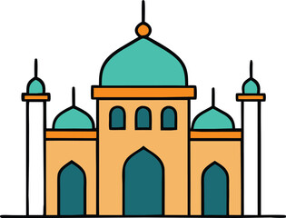 A stylized colorful illustration of a mosque with a prominent central dome and flanking minarets set against a stark black background