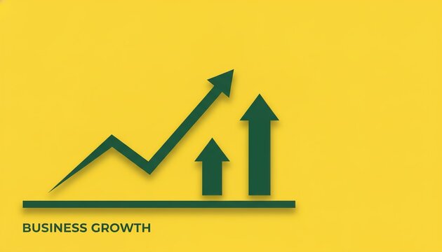 Green line graph and upward arrows on a yellow background illustrating the concept of business growth and financial success. - Powered by Adobe