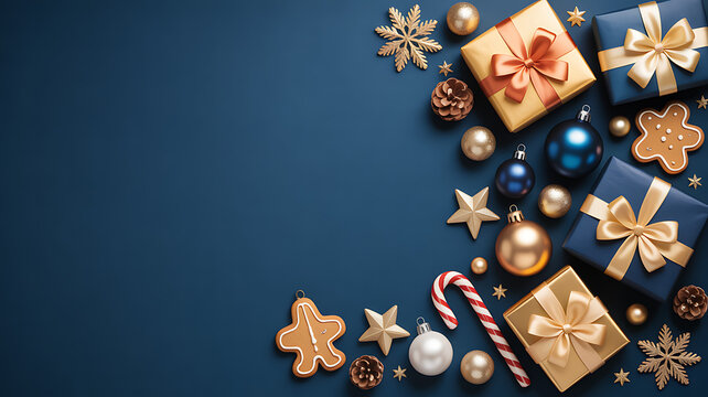 Festive christmas gifts and ornaments on a dark blue background