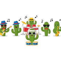 Cartoon Cactus Band Performing Music with Instruments and Musical Notes.