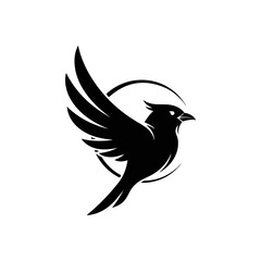 Silhouette of a bird in flight against a circular backdrop.