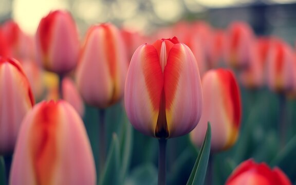 Close up of pink and orange tulips blooming in a garden - Powered by Adobe