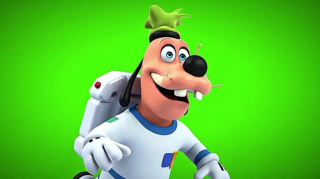 Animated character in astronaut suit with jetpack against green screen