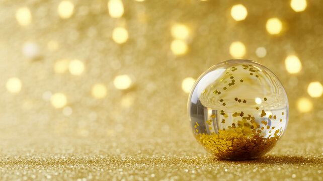 Clear glass sphere filled with gold star confetti on a sparkling gold glitter background with bokeh lights