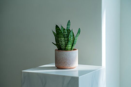 Snake plant in textured pot on white pedestal indoors