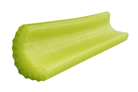 Fresh green celery stick providing healthy raw vegetarian food for cooking or snacking, isolated with a transparent background