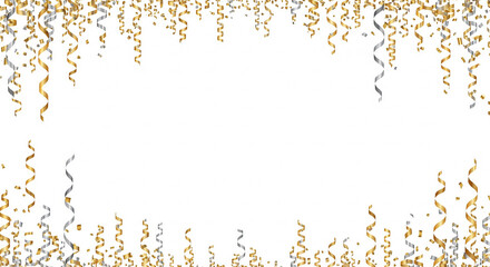 Festive celebration background with swirling gold and silver ribbons and confetti framing the edges of a clean white center, minimal 16:9 party banner with space for text.
