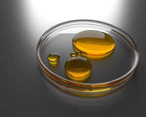 Oil Drops in Petri Dish 3D illustration