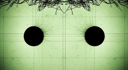 Symmetrical abstract background with two black holes and chaotic scribbles on a grainy green surface with a grid, creating a mysterious and surreal scientific concept