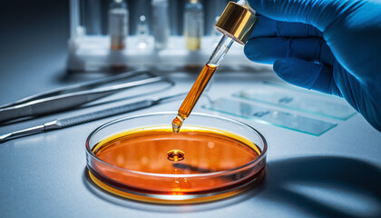 Scientist carefully adding liquid to petri dish, innovative pharmaceutical research for new medicine
