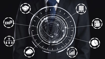 Obraz premium ERP icons show management, integration, and business process. ERP supports data management, ERP efficiency, and ERP organizational solutions. Gist