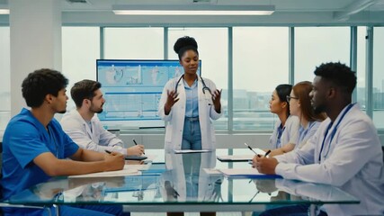 Radiology Presentation Led by Female Doctor Showing Detailed X-Ray Scans to Medical Staff in Clinical Meeting Room - Powered by Adobe