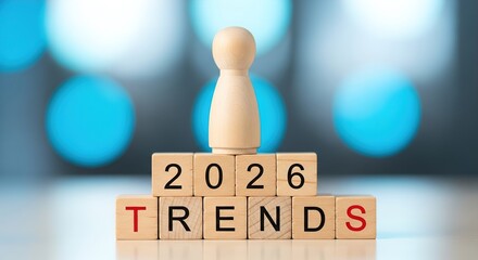 Wooden pawn figure on blocks spelling '2026 TRENDS' symbolizing future outlook and predictions.