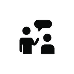 A solid icon showing two people with a chat bubble, representing communication, conversation, teamwork, and discussion. Ideal for business apps, messaging interfaces, and support services.