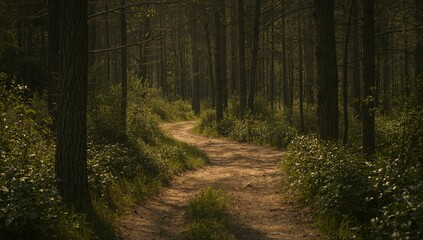 Obraz premium Path forest dirt trees sunlight foliage green serene peaceful nature trail winding outdoors generative AI