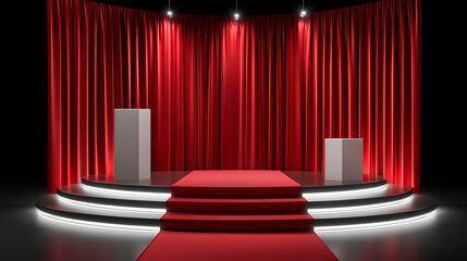 Grand stage setup for awards ceremony event hall photography dramatic lighting elevated viewpoint