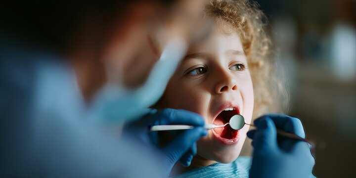 A young child receiving a dental checkup from a dentist, highlighting oral health and hygiene in a clinical setting. - Powered by Adobe