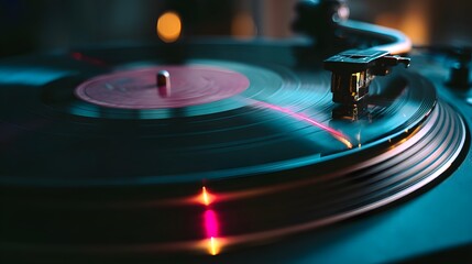 Close-Up of Vinyl Record Player Spinning Under Colorful Retro Lights