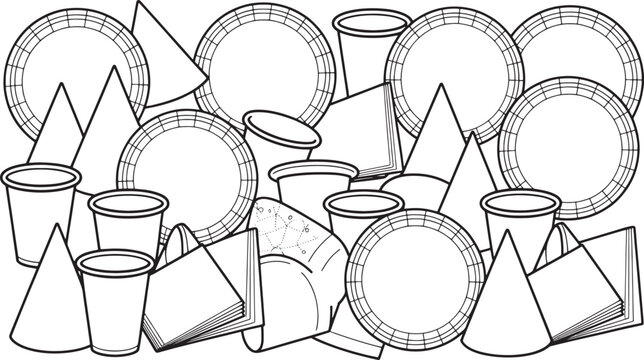 Black and white line art illustration of party paper plates cups and cones party supplies paper cups