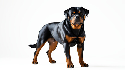 Rottweiler Dog Full Body White Background Black Tan Coat Muscular Build Alert Expression Perked Ears Studio Lighting Sharp Focus Loyal Powerful Generative AI