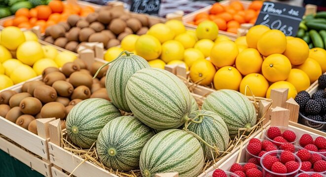 A vibrant display of fresh, colorful fruits at a local farmers market stall, with striped melons in a wooden crate as the central focus, surrounded by kiwis, lemons, and berries