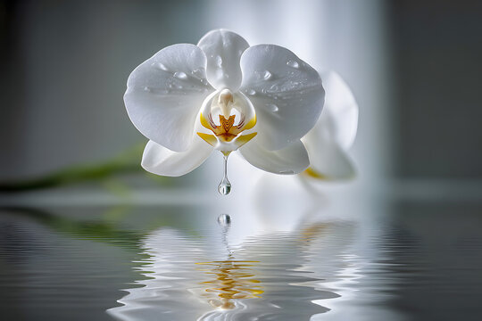Elegant White Orchid with Water Droplets and Reflection