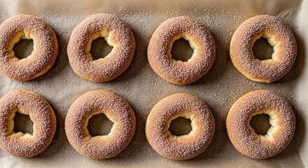 Delicious homemade ring donuts coated in cinnamon sugar arranged in a neat grid on baking paper, captured from a warm and inviting top-down flat lay perspective