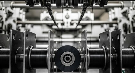 Fototapeta premium Close-up of an automated industrial machine winding black synthetic fiber onto spools in a modern factory, showcasing precision engineering and advanced manufacturing technology