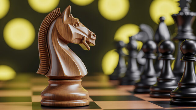 Close up of a wooden chess knight piece on a chessboard with blurred black pieces and yellow bokeh lights