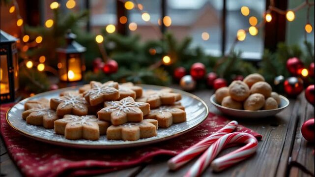 Rooftop christmas party scene featuring snowflake cookie plate, festive light bokeh, red ornament, evergreen branch, cozy candle lantern, candy cane rustic wood, warm joyful mood and inviting holiday