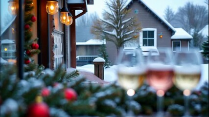Rooftop christmas party evening with winter snow, cozy warm light glow and soft bokeh three wine glass sparkle wood table beside evergreen garland and red ornament, festive cheerful gathering - Powered by Adobe