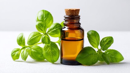 Natural basil essential oil in amber bottle for aromatherapy and wellness treatments, promoting relaxation and holistic health practices