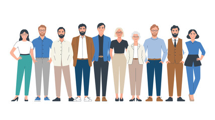 Fototapeta premium Diverse group of people standing together in modern flat style illustration representing teamwork, community, inclusivity, and professional collaboration 