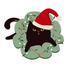 Cute black cat in Santa hat inside Christmas wreath. Illustration for cards, stickers, prints. Branch of holly berries.