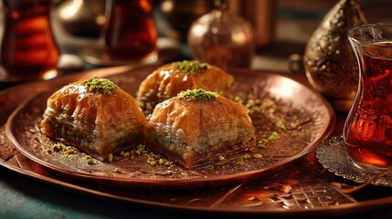 Three pieces of Moroccan almond honey baklava arranged on a bronze plate with green pistachio crumbs, accompanied by a glass of red beverage and metallic decor in a warm, softly focused scene.