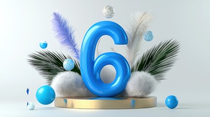 Colorful 3D Number Six Surrounded by Decorative Elements and Textures