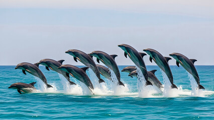 Magnificent pod of dolphins leaping playfully from turquoise ocean waters, a stunning display of nature's beauty and marine life's vibrant energy