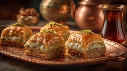 Four pieces of Moroccan almond honey baklava arranged on a bronze tray, featuring layered pastry with green pistachio topping, accompanied by tea and traditional metalware in a warm setting