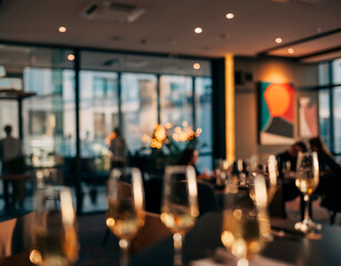 Soft blurred scene of office team celebrating after work. Warm lights, casual corporate bonding, relaxed atmosphere, friendly teamwork and modern workplace culture.
