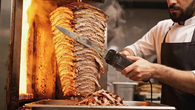 Chef expertly slicing seasoned meat from a vertical rotisserie grill cooking shawarma with flames in a bustling street food market culinary tradition close up