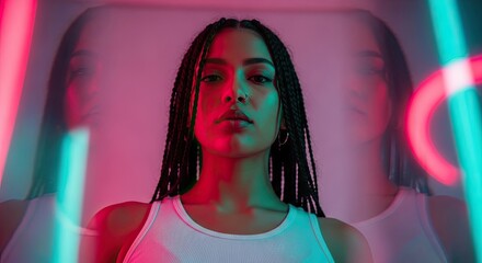 Futuristic portrait of a serious woman with braids illuminated by vibrant pink and teal neon lights, with a creative long exposure blur creating a surreal effect