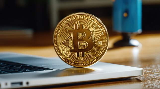 Golden Bitcoin Coin on Laptop Keyboard with Blurred Background