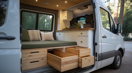 A camper van interior with space-efficient modular cabinetry, a convertible bed platform, and slide-out kitchen drawers — vanlife design, mobile tiny living, and adventure-ready compact interiors.