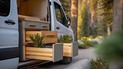 A camper van interior with space-efficient modular cabinetry, a convertible bed platform, and slide-out kitchen drawers — vanlife design, mobile tiny living, and adventure-ready compact interiors.