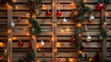 Wooden Pallet Decorated with Christmas Lights and Ornaments