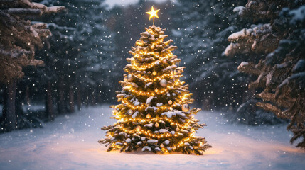 Decorated Christmas tree shining brightly in a winter wonderland with golden lights and a star on top