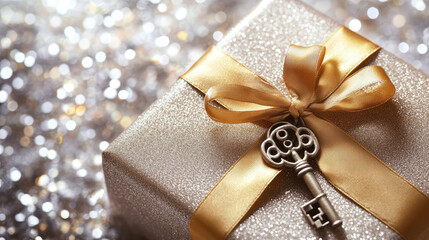 A beautifully wrapped gift box with golden ribbon and vintage key on a sparkling background, evoking celebration and mystery with a touch of old-world charm.
