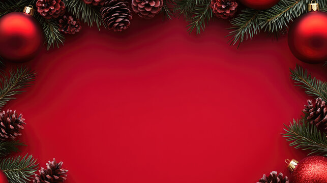 Red christmas ornaments, pine cones, and pine branches create a festive border on a red background, offering ample copy space for holiday greetings